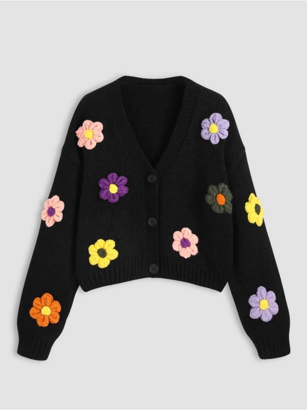Cider Black Floral Embroidered Cardigan 3XL Chunky Knit V-Neck Button